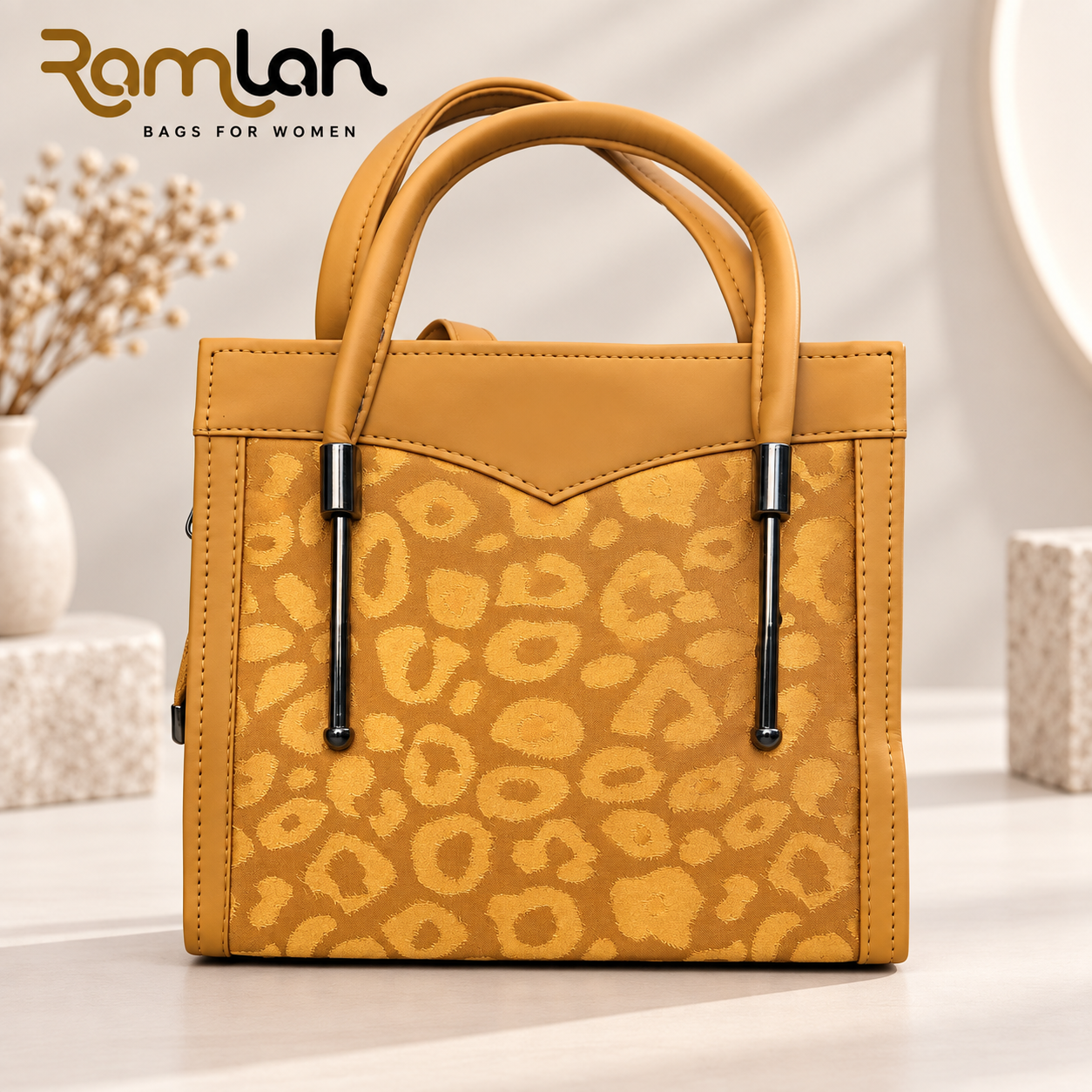 Mustard leopard Chic Handbag for women with double top handles and metallic accents