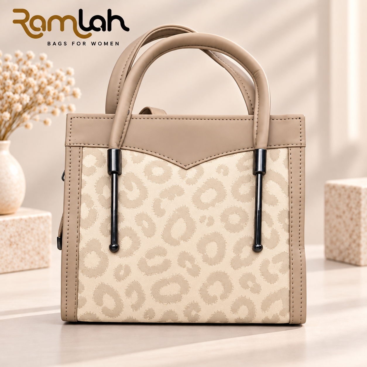 Off-white leopard Chic handbag for women with double top handles and metallic accents