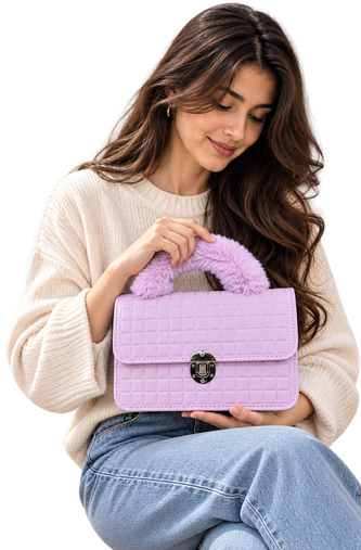 Woman holding a purple handbag