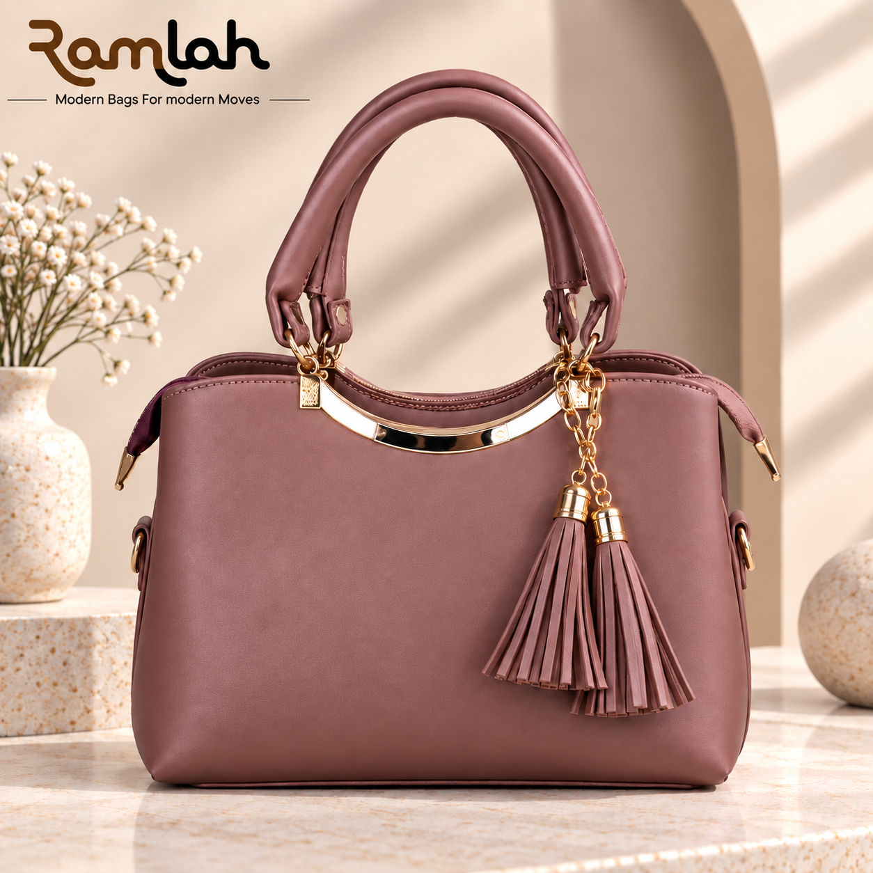 Elegant Tassel Top Handle Shoulder Bag for women in Brown with double tassel charms and gold-tone hardware