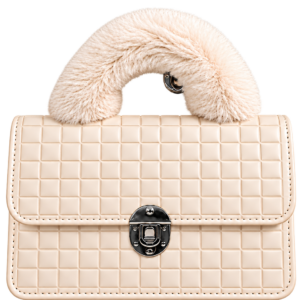 White quilted handbag with gold-tone hardware on an orange studio pedestal