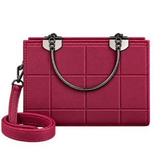 Maroon quilted grid crossbody bag with metallic top handles and detachable shoulder strap