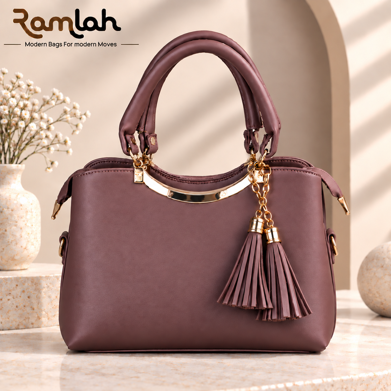 Elegant Tassel Top Handle Shoulder Bag for women in Chocolate with double tassel charms and gold-tone hardware