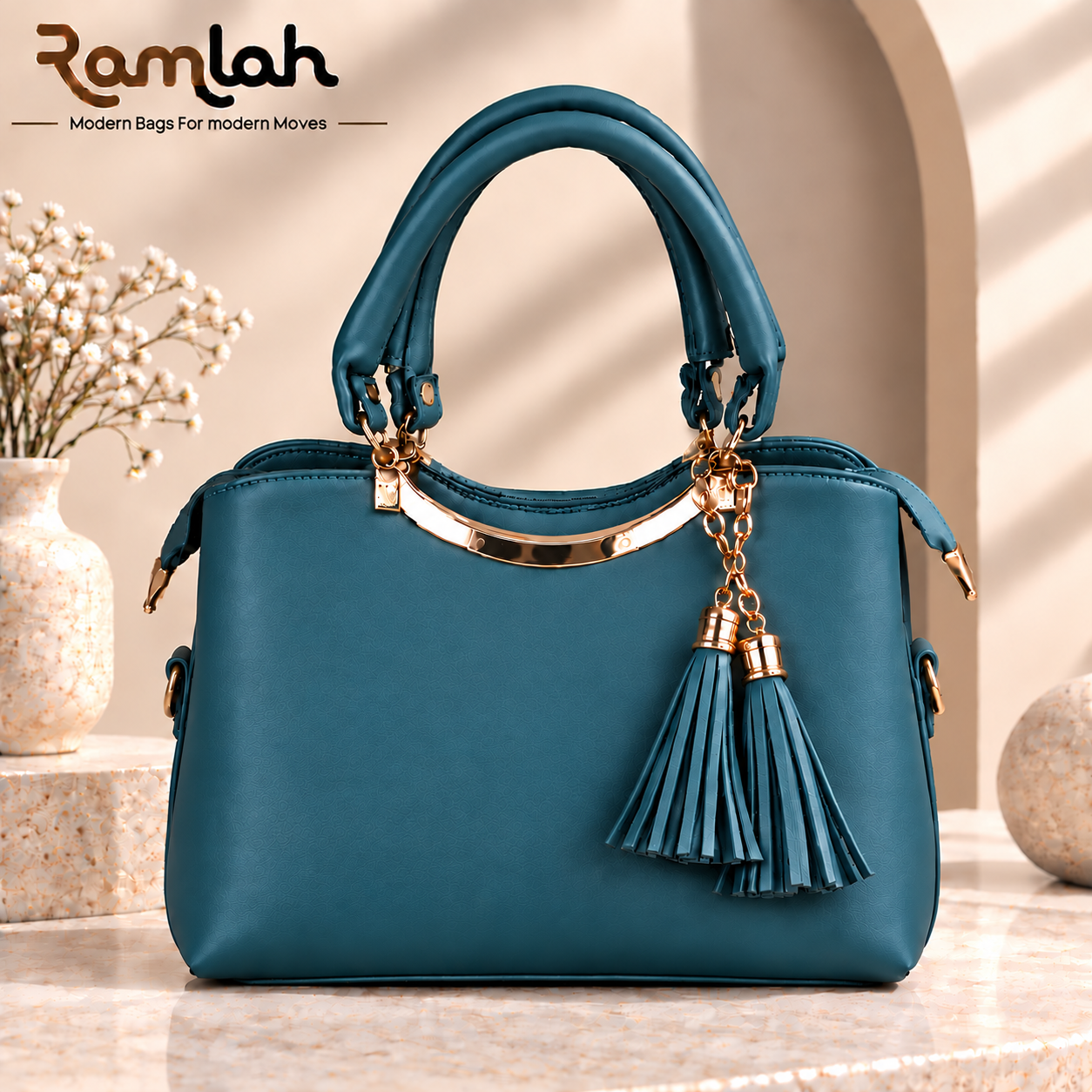Elegant Tassel Top Handle Shoulder Bag for women in Green with double tassel charms and gold-tone hardware