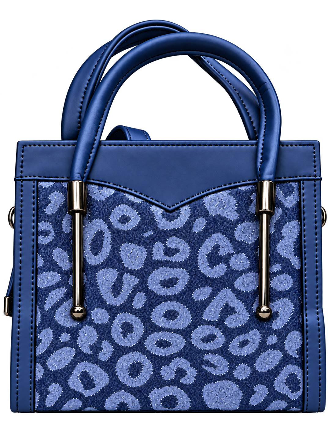 Ramlah blue patterned tote bag for women with double handles and metallic detailing on an orange studio pedestal.
