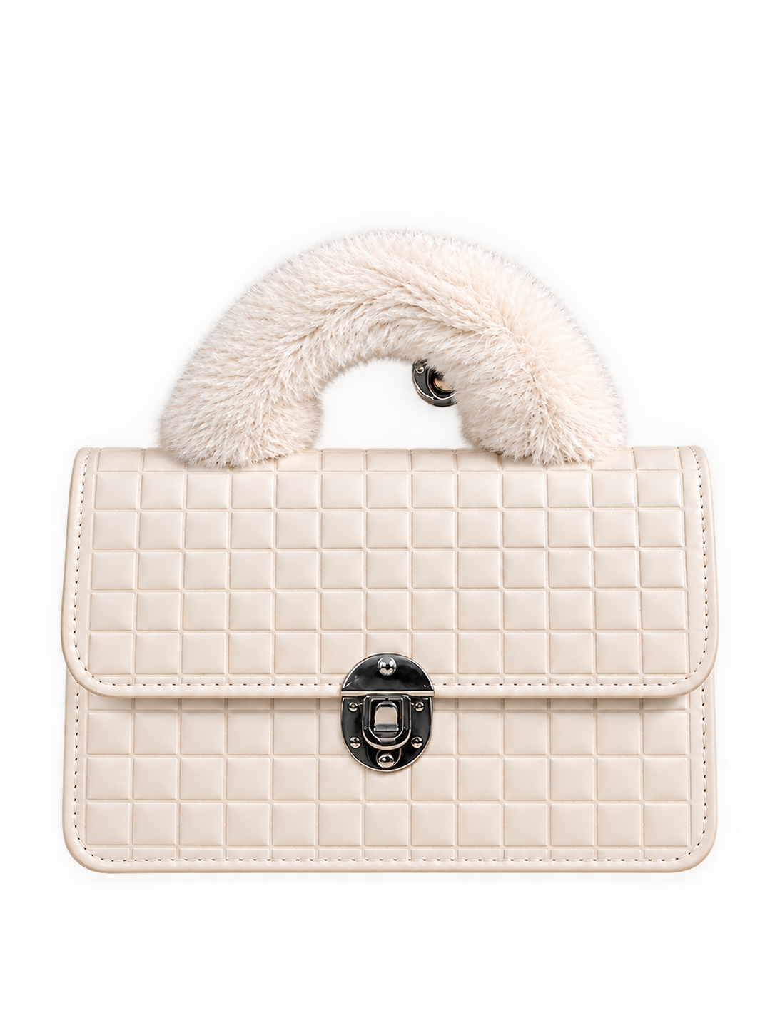 White quilted handbag with gold-tone hardware on an orange studio pedestal