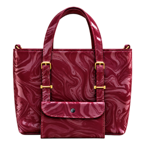 Marble 2 Piece Tote Set in burgundy PU synthetic leather with matching pouch, marble pattern, and gold-tone hardware