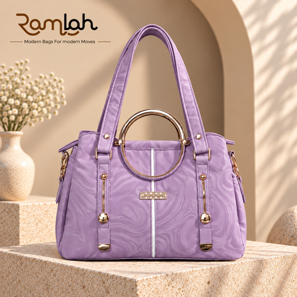 Marble Luxe Shoulder Bag for women in Lavender with a marble pattern, circular metal handle detail, and gold-tone hardware