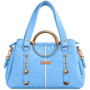 Marble Luxe Shoulder Bag for women in sky blue with a marble pattern, circular metal handle detail, and gold-tone hardware