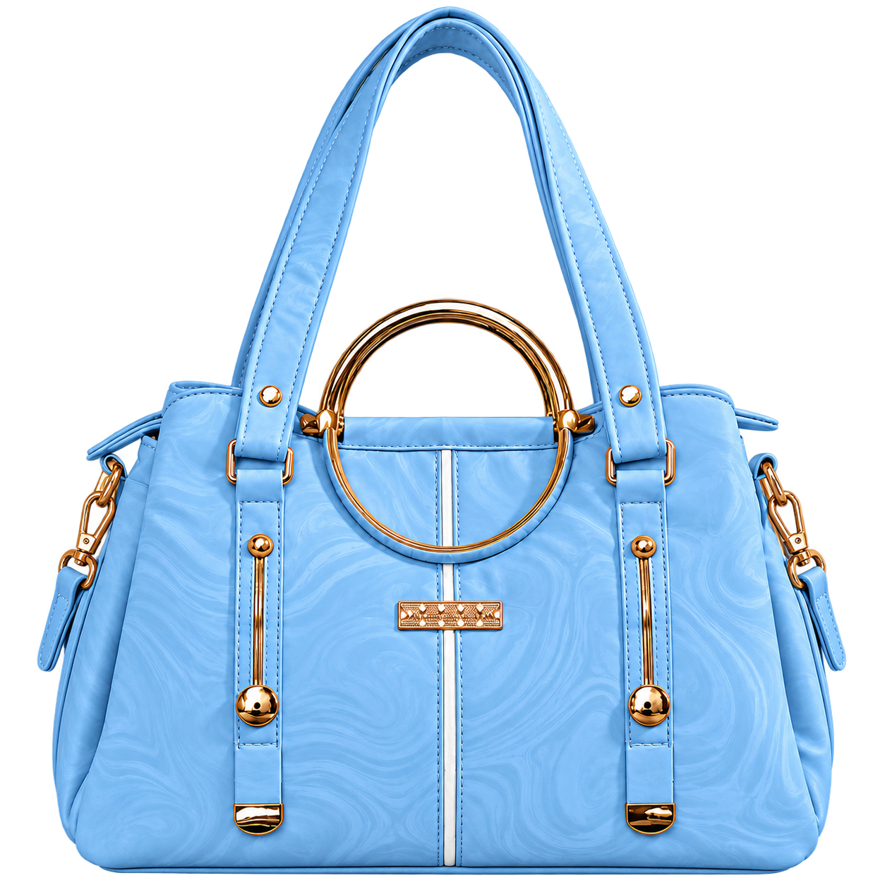Marble Luxe Shoulder Bag for women in sky blue with a marble pattern, circular metal handle detail, and gold-tone hardware
