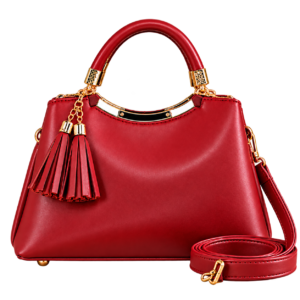 Grace Top Handle Tote Bag in Red PU synthetic leather with gold-tone hardware, tassel charms, and detachable shoulder strap