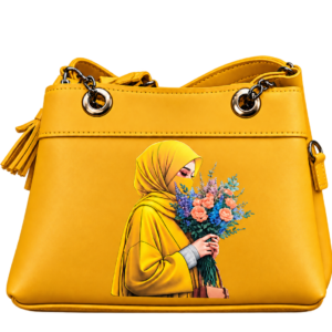 Mustard yellow Mystic Muse floral crossbody bag with illustrated woman, decorative tassels, and dark metal ring details