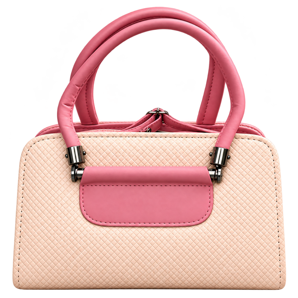 light ivory handbag with pink handles and textured finish for women