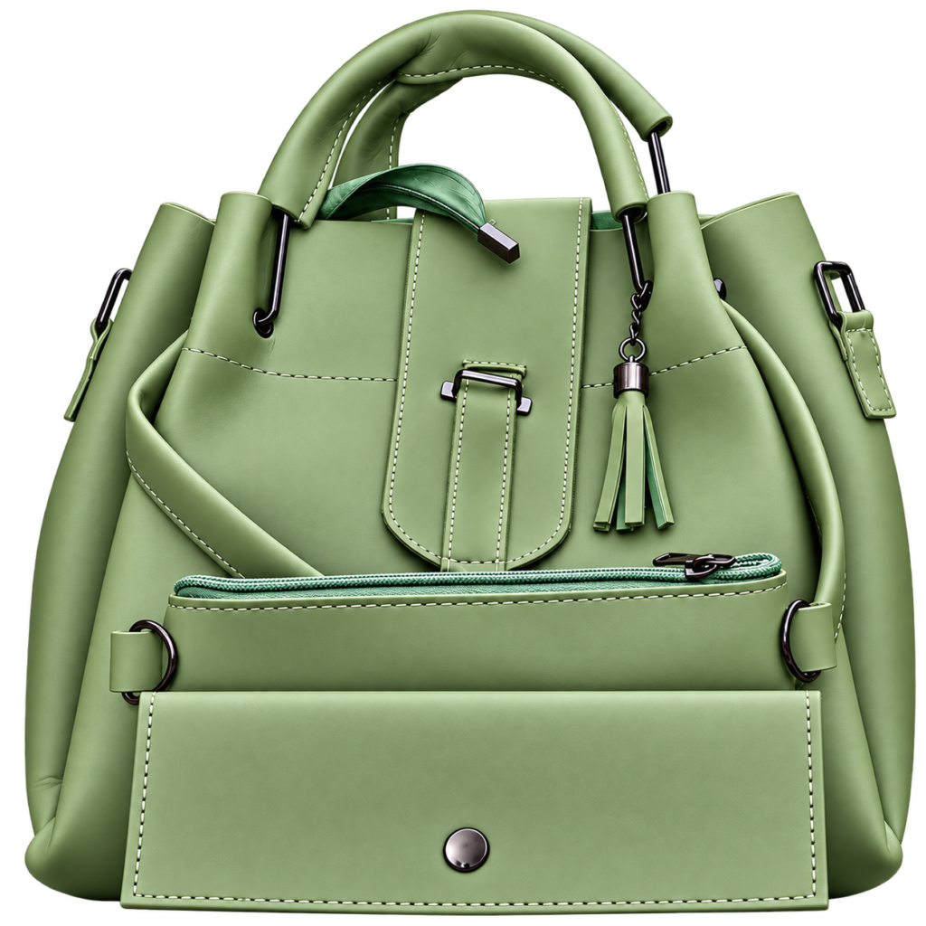 Sage green handbag with top handles, detachable shoulder strap, and tassel detail. Sage green handbag with top handles and a detachable shoulder strap