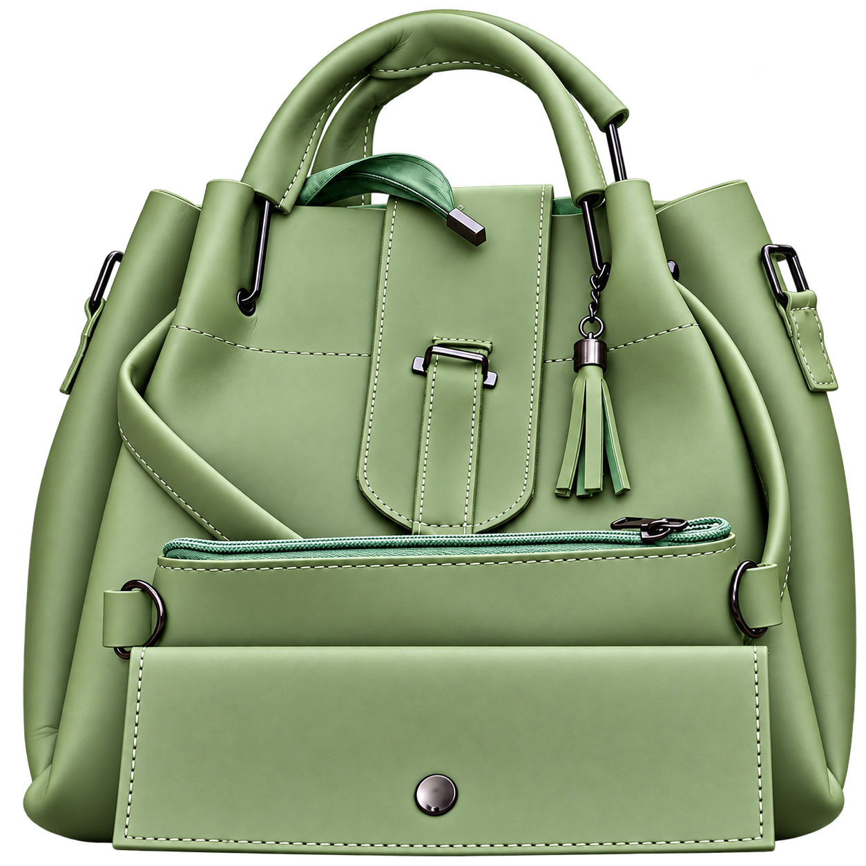 Sage green handbag with top handles, detachable shoulder strap, and tassel detail. Sage green handbag with top handles and a detachable shoulder strap